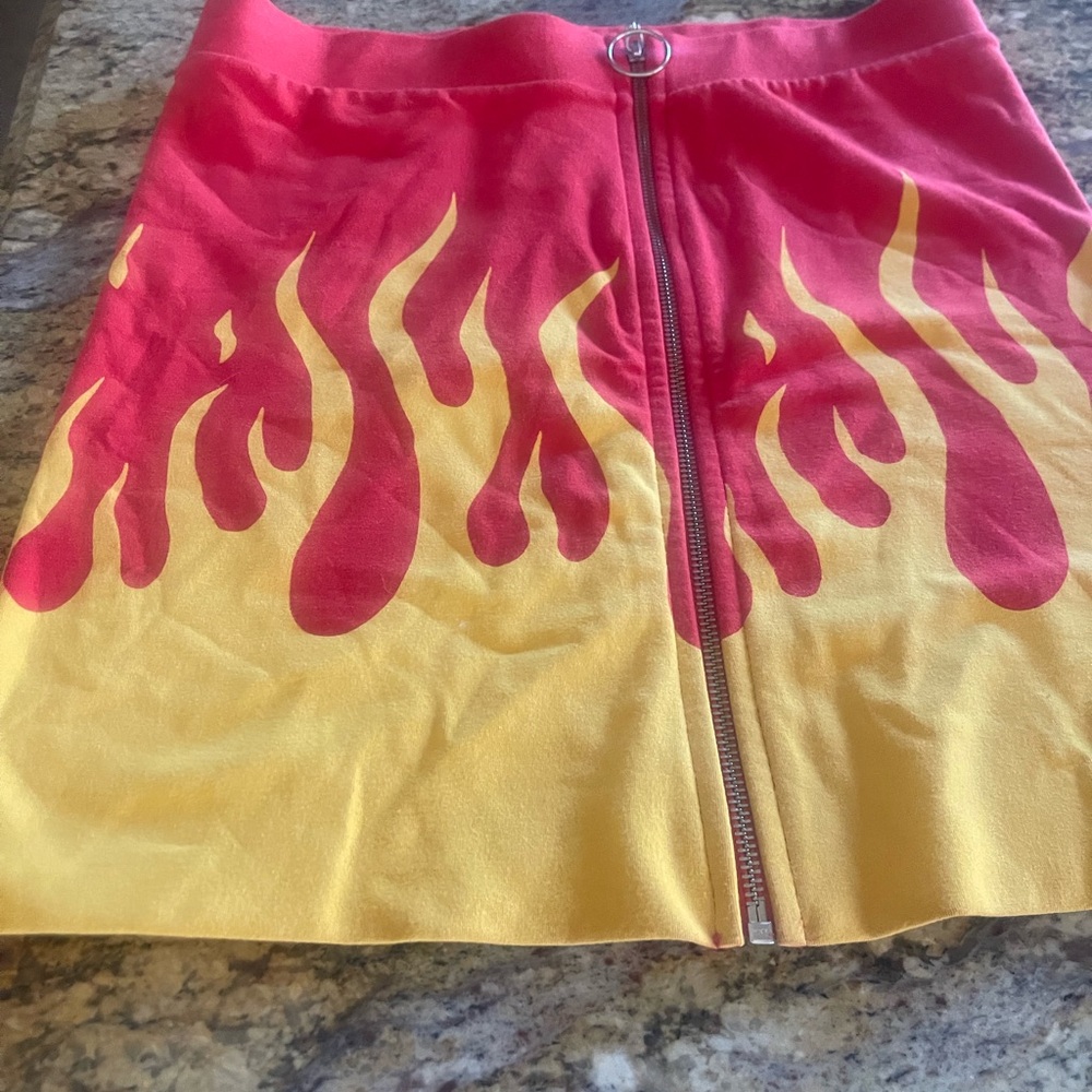 Wildfox Red and Yellow Flame Zip-Front Mini Skirt